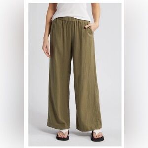 NWT Caslon Nordstrom Olive Wide-Leg Linen Blend Pants, Size XL